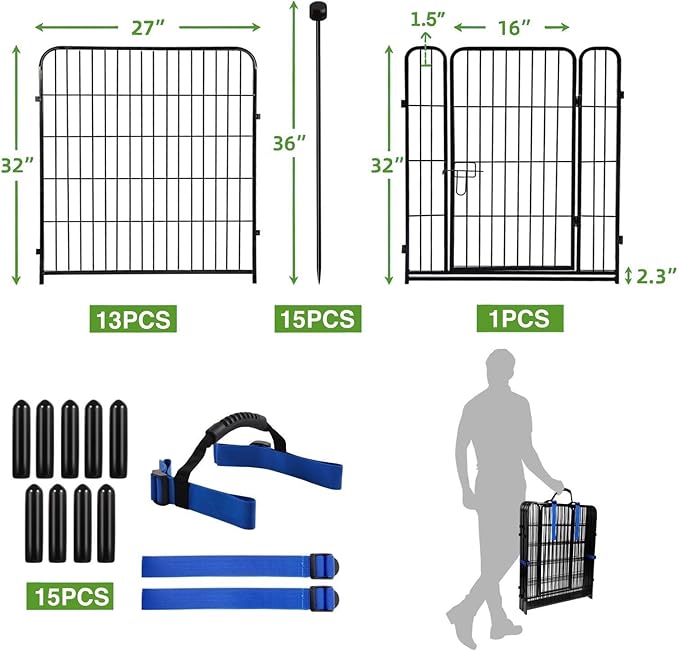 ADAVIN 32 in(H) Garden Fence with Low Threshold Door,14 Panels Total 31Ft(L) Dog Fences for The Yard, Outdoor or Indoor Dog Playpen, Black Metal Garden Fencing Animal Barrier