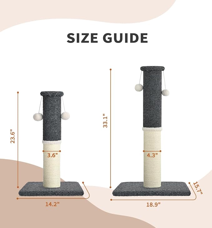 Made4Pets Tall Cat Scratching Post with Sisal & Carpet for Indoor Cats, 33" | Cat Scratcher with Wide Stable Base, Interactive Hanging Toys, Ideal for Adult Cats, Large Breeds and Full-Body Stretching