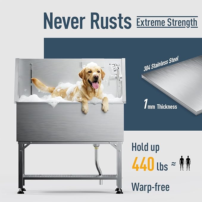 RDCMKL 38" Stainless Steel Dog Washing Station - 304 Seamless Soaking Tub for Small & Medium Dogs, Non-Slip & Leak-Proof Pet Grooming Sink with Bottom Storage Shelf & Hair Catcher for Home & Spa