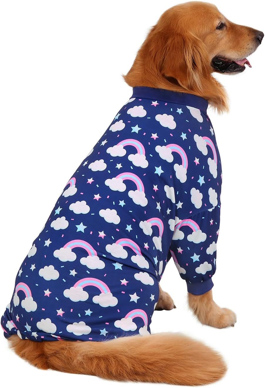 HDE Dog Pajamas One Piece Jammies Jumpsuit Pet Clothes Outfit Stretchy Lightweight Comfy Shirt Pjs for M-3XL Dogs Rainbows - L