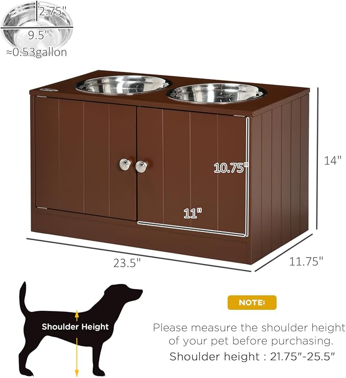 Large Elevated Dog Bowls with Storage Cabinet Containing 44L Capacity, Raised Bowl Stand Pet Food Feeding Station, Brown, Easy-Install