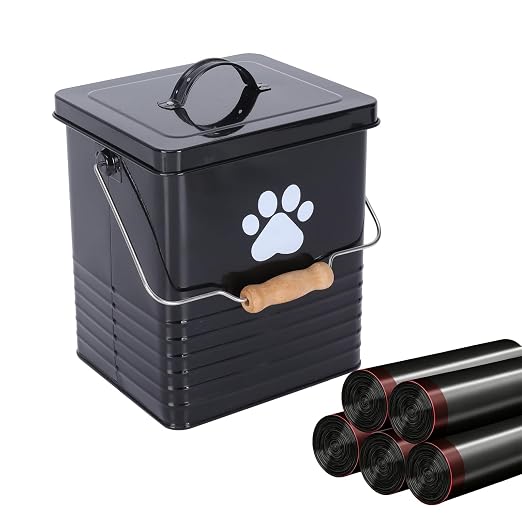 1.85Gal/7L Small Outdoor Trash Can with Lid, Metal Dog Poop Trash Can Outside, Dog Waste Container Bucket Handle(75 Trash Bags Included)-Black