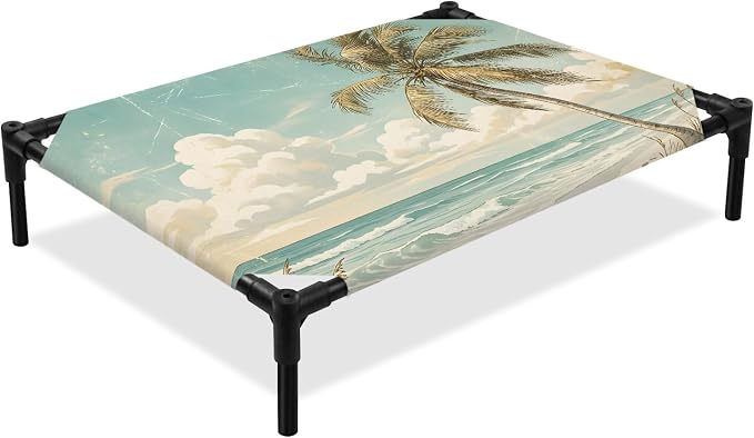 Outdoor Elevated Dog Bed for Large Dogs, Palm Trees Breathable Cooling Raised Dog Cot for Indoor/Outdoor, Beach Summer Blue Ocean Sky Natural Landscape Waterproof Elevated Pet Beds, L 28 x 22 in