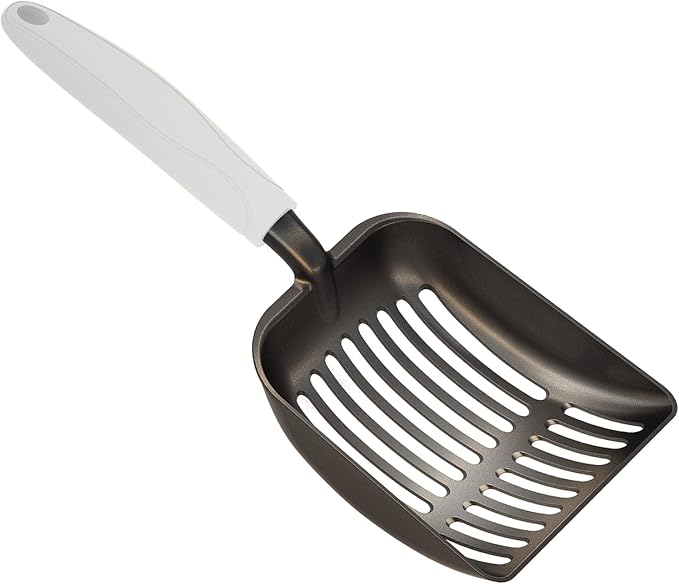 Cat Litter Scoop, Non-Stick Plated Aluminum Alloy Sifter, Kitty Durable Metal Scooper, Deep Shovel, Long Handle, Kitten Pooper Lifter, Size Medium, Coated Black Body with Grey Handle