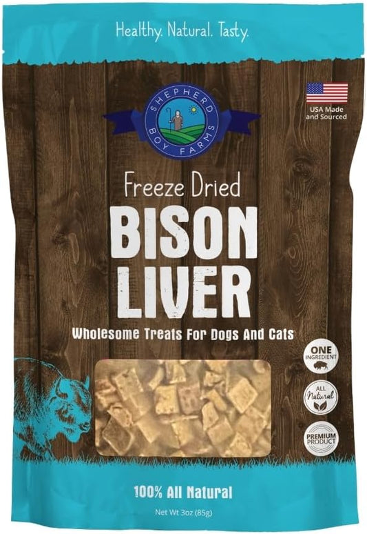 Shepherd Boy Farms Freeze Dried Dog and Cat Treats, Bison Liver, All Natural Freeze-Dried Dog Treat & Snacks, Made in USA, High in Protein, Essential Nutrition of Raw Food, 3oz