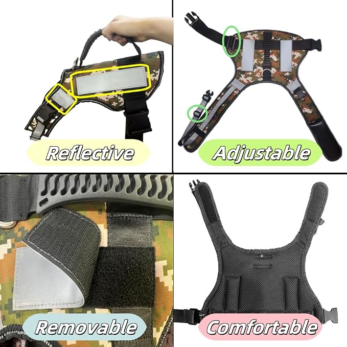 Reflective Tactical Dog Harness for Large Dogs, No Pull Heavy Duty Dog Vest Harness with Handle, Adjustable Removable Service Harnesses for Dogs, Camouflage, XL