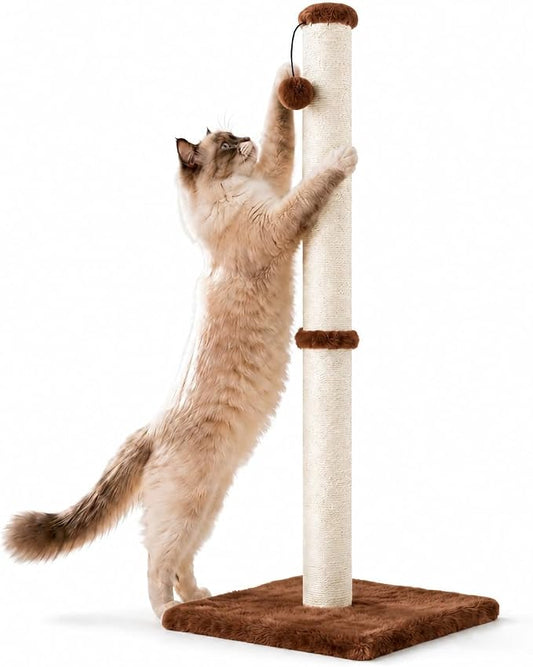 Dimaka 34" Height Tall Cat Scratching Post, Claw Scratcher with Sisal Rope and Covered with Soft Smooth Plush, Vertical Scratch [Full Strectch] for All Cats (Dark Brown, 34 inches for Large Cats)