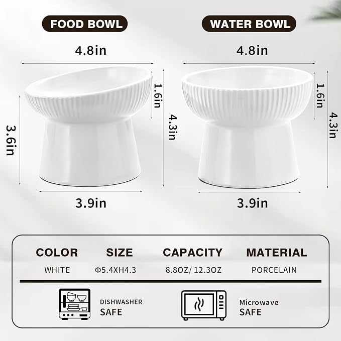 Elevated Cat Food Bowl, Ceramic Raised and Tilted Water Bowl, Whisker Fatigue Cat Bowls for Indoor Cats, Anti Vomiting and Protect Spines Pet Feeding Dishes for Kittens Small Dog, Heavy Non-Slip Base