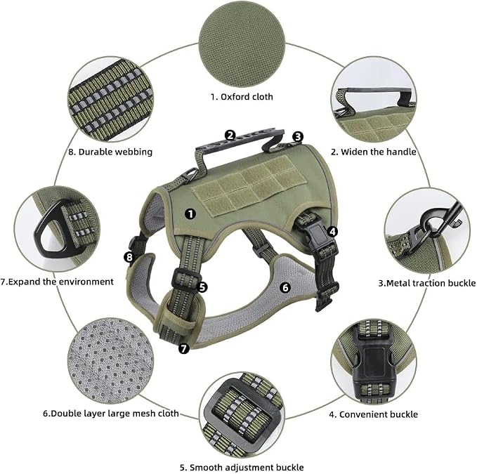 Tactical Dog Harness with Leash for Large Dogs, No Pull Adjustable Dog Harness, Reflective K9 Working Pet Vest for Walking, Training (Army Green, L)