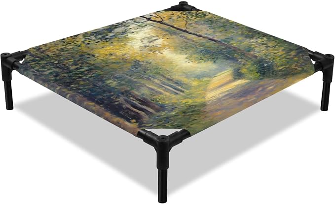 Outdoor Elevated Dog Bed for Small Dogs, Farmhouse Forest Breathable Cooling Raised Dog Cot for Indoor/Outdoor, Pastoral Country Sun Light Trees Waterproof Elevated Pet Beds, S 20 x 20 in
