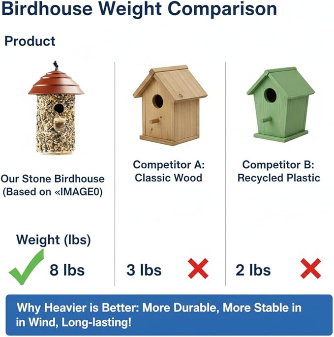 Fortress Bird House for Outside Clearance, Pebble Stone HDPE Roof Bird House for Outdoor, Heavy Duty Stone, Hanging Birdhouse for Outside, Wren House 10 Year Lasting (Red)