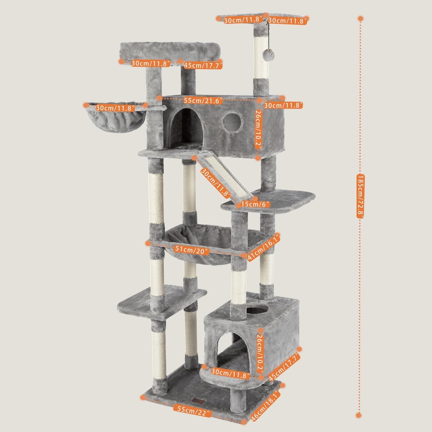 73 inches Large Cat Tree for Indoor Cats, Tall Cat Tower with Sisal Scratching Posts and Pads, Padded Plush Perch, Cozy Basket, Plush Condo for Large Cats (Grey)