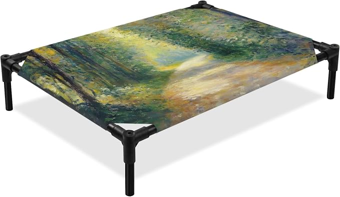 Outdoor Elevated Dog Bed for Large Dogs, Country Forest Breathable Cooling Raised Dog Cot for Indoor/Outdoor, Farmhouse Trees Plants Nature Scenery Waterproof Elevated Pet Beds, L 28 x 22 in