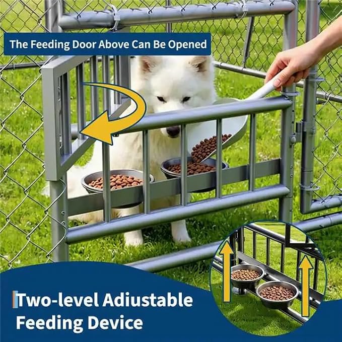 GarveeLife Outdoor Dog Kennel with Waterproof Cover, Dog Kennel Outside with Adjustable Bowls Feeder, Outdoor Dog Enclosure for Medium Large Dogs, 10ftx10ftx5.9ft