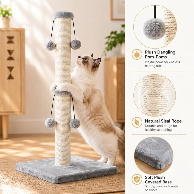 Dimaka 34'' Cat Scratching Post, Cat Scratching Post, Cat Scratcher for Large Cats with Teasing Toy Ball, Natural Sisal White and Grey (Grey)