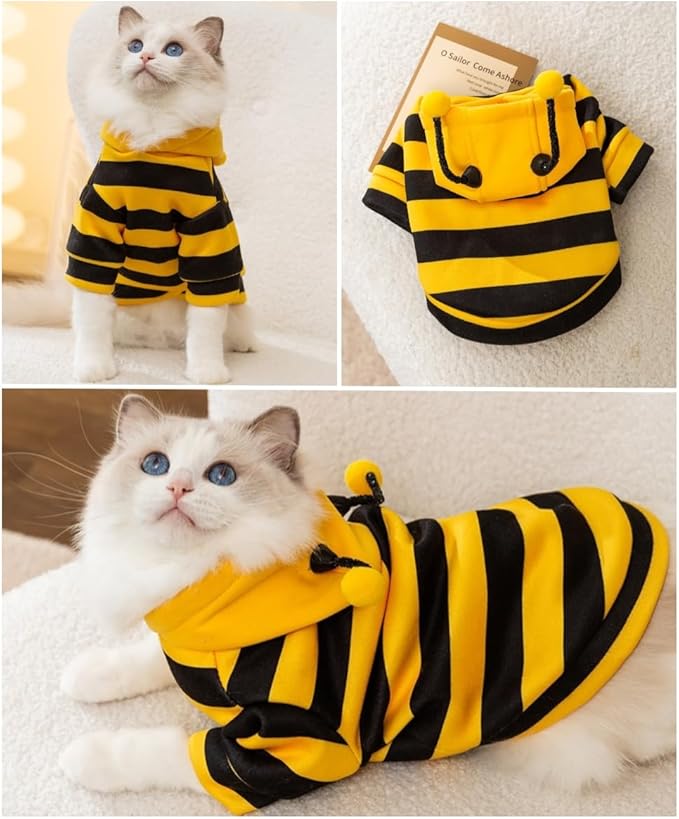 Selena Cat Bee Antennae Costume Hoodies Cute Bee Stripes Dog Kitten Puppy Pet Apparel (Large,Yellow&Black)