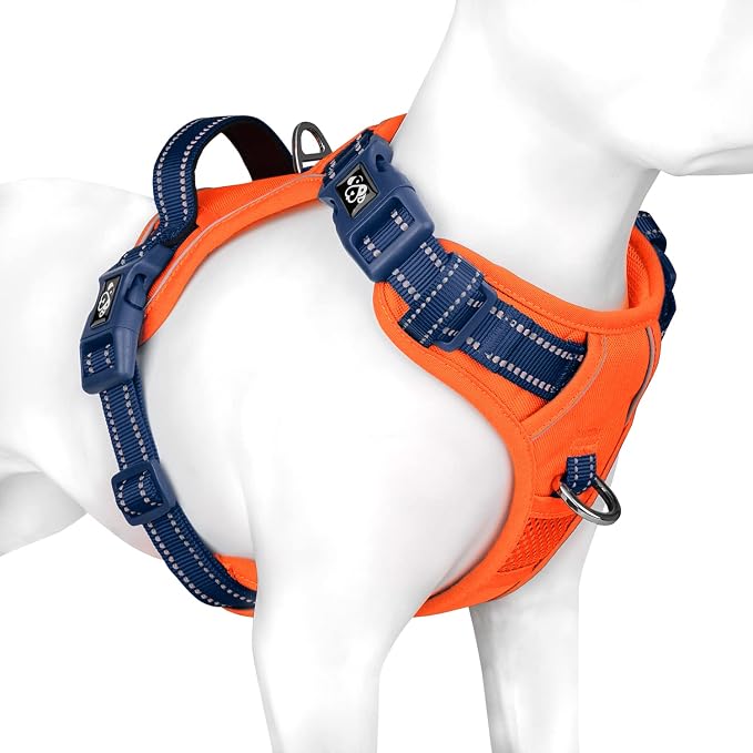 No Pull Dog Harness, Unique Colors Reflective Adjustable Dog Vest | with Soft Training Handle Metal Clips for Small Medium Large Dogs (Orange Base & Blue Straps,L)
