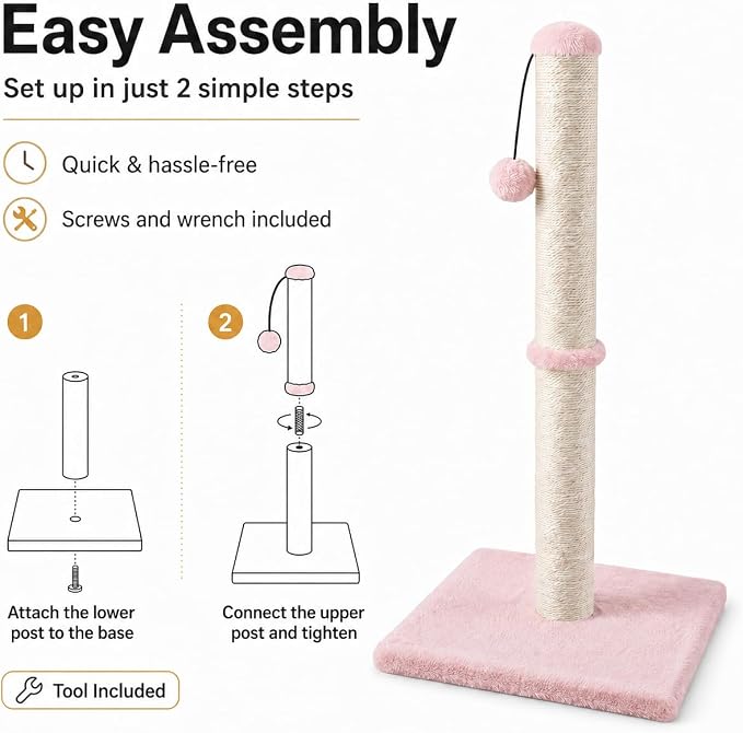 Dimaka Tall Cat Scratching Post, Claw Scratcher with Sisal Rope and Covered with Soft Smooth Plush, Vertical Scratch [Full Strectch] for Standard Size Cats (Pink, 29 inches for All Cats)
