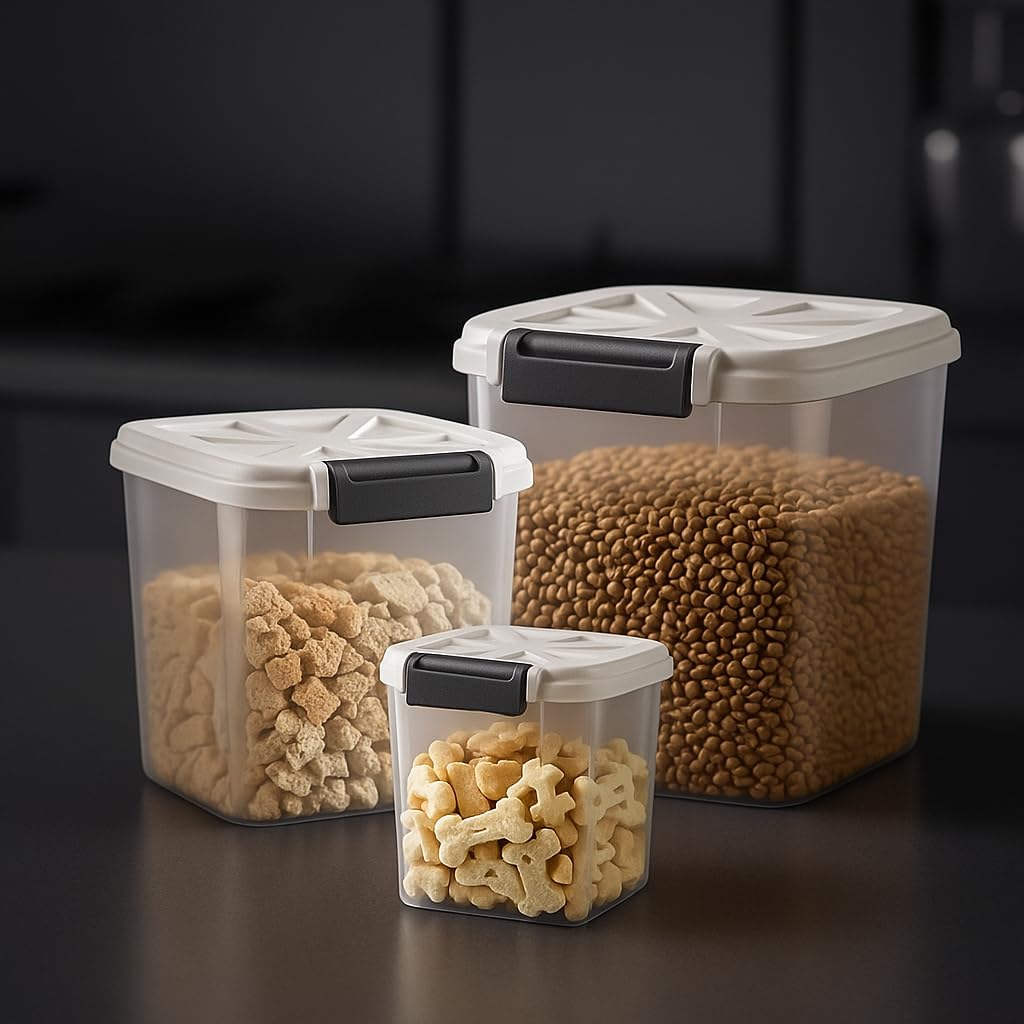 Airtight Dog Food Storage Container 20 lbs, Pet Food Storage Bin with Lid 4 lbs & 6 lbs & 10 lbs, 3 Pack, Cat Treat Container, Stackable, 3 Measuring Cup, Save Space,White