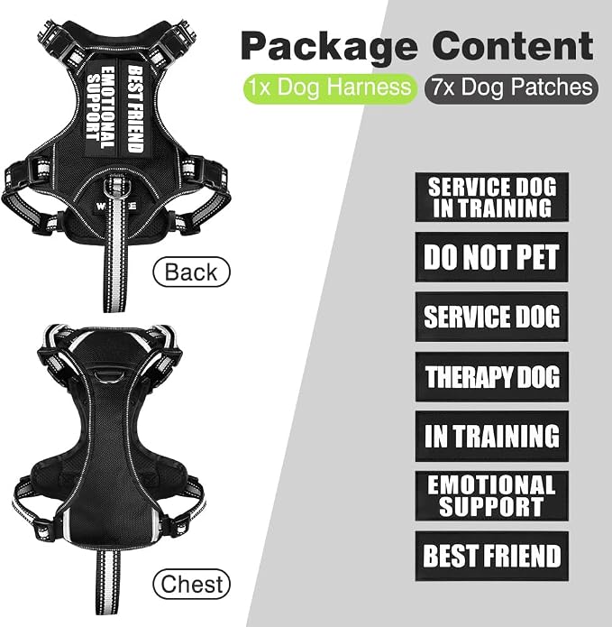 Service Dog Vest No Pull Dog Harness with 7 Dog Patches, Reflective Pet Harness with Durable Soft Padded Handle for Training Small, Medium, Large, and Extra-Large Dogs (Small, Black)