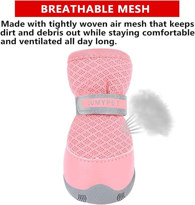 QUMY 4PCS Dog Shoes for Small Dogs, Hot Pavement Summer Puppy Dog Boots & Paw Protectors with Soft Anti-Slip Rubber Sole, Mesh Breathable Dog Booties for Hardfloors, Walking Running Pink Size 2
