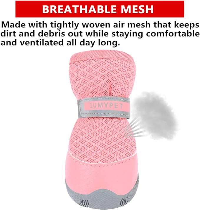 QUMY 4PCS Dog Shoes for Small Dogs, Hot Pavement Summer Puppy Dog Boots & Paw Protectors with Soft Anti-Slip Rubber Sole, Mesh Breathable Dog Booties for Hardfloors, Walking Running Pink Size 1