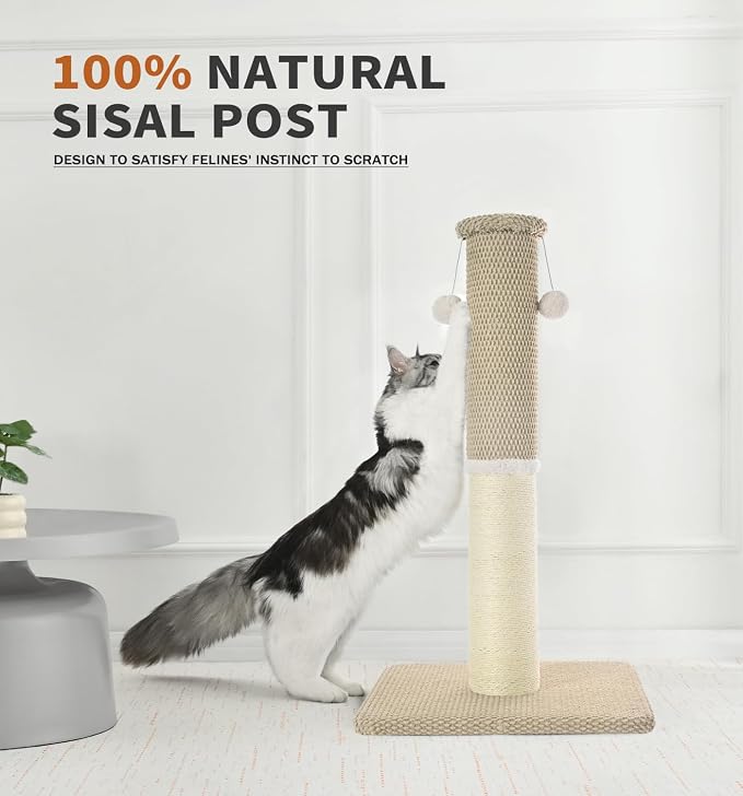 Made4Pets Tall Cat Scratching Post with Sisal & Carpet for Indoor Cats, 33" | Cat Scratcher with Wide Stable Base, Interactive Hanging Toys, Ideal for Adult Cats, Large Breeds and Full-Body Stretching