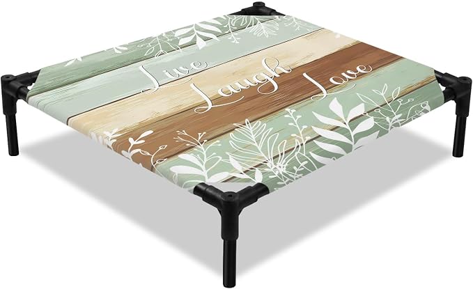 Outdoor Elevated Dog Bed for Small Dogs, Teal Brown Botanical Breathable Cooling Raised Dog Cot for Indoor/Outdoor, Farmhouse Wooden Leaves Waterproof Elevated Pet Beds, S 20 x 20 in