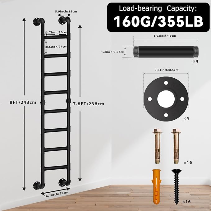 8-Rung Wall Mounted Ladder, Heavy-Duty Metal 8FT Egress Window & Loft Ladder for Basement, Attic Bunk Bed, Fire Escape - 355LBS Load, Matte Black
