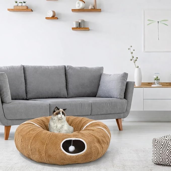 R1M Cat Tunnel Bed for Indoor Cats, Cute Cat Donut Tunnel Toys for Small, Larger Cats with Two Fish Cat Toys, Round Pet Peekaboo Cave Toy for Kitten, Brown (Brown)