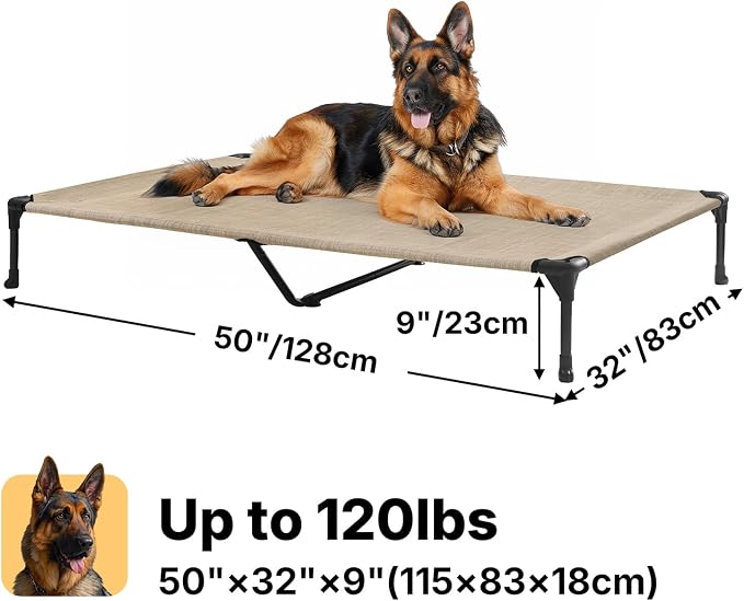 Veehoo Outdoor Elevated Dog Bed Large Sized Dogs, Cooling Raised Dog Cots | Off-ground training platform, portable camping hammock, breathable mesh, easy to clean, no-tool setup, 49"x33", Beige Coffee