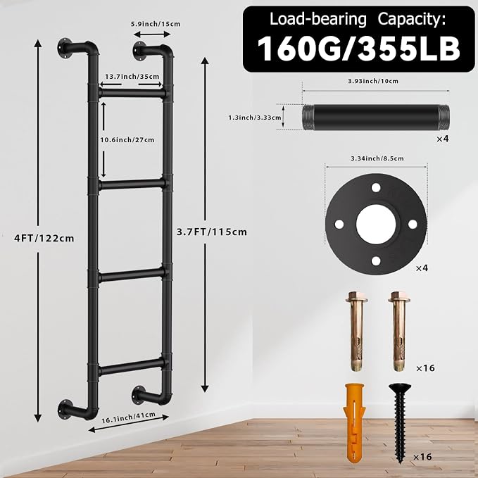 Black 4-Step Wall Mounted Steel Ladder, 4FT Egress Window Well Loft Ladder for Bedroom, Bunk Bed, Camper, Dorm – Wall/Floor-Mounted Indoor Climb Step for Small Space, Blanket Rack, Basement, Gym