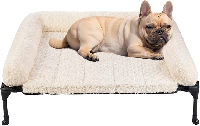 Veehoo Orthopedic Elevated Dog Bed Add Removable Deluxe Rose Plush Bolster Cushion Mat, 35" x 22" Washable Dog Couch Bed, Raised Pet Cot with Breathable Teslin Mesh, No-Slip Feet, White, CWC2439B