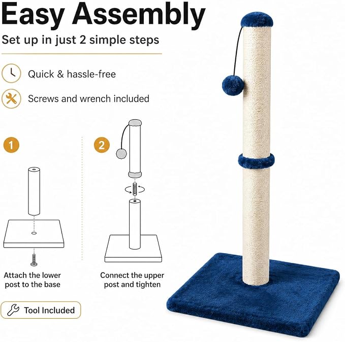 Dimaka 34" Height Tall Cat Scratching Post, Claw Scratcher with Sisal Rope and Covered with Soft Smooth Plush, Vertical Scratch [Full Strectch] Cats (Blue, 34 inches for Large Cats)