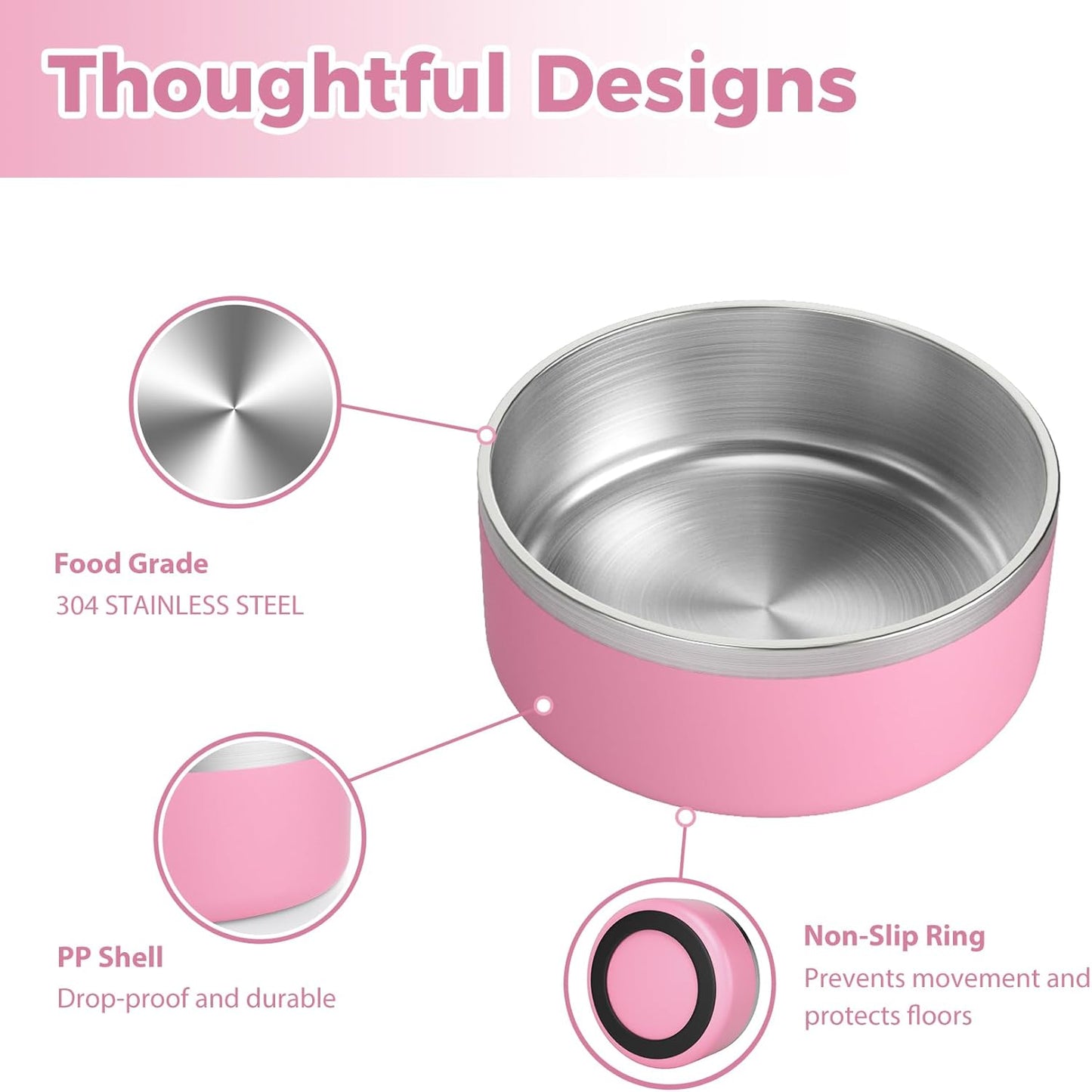 Stainless Steel Dog Bowls for Large Dogs - Insulated, Non Slip, Easy Clean, 40oz, Pink