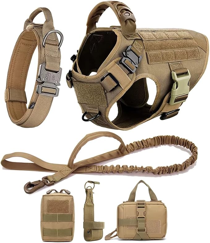 WAYO Large Dog Harness and Leash Set 6 Items- Military Tactical Vest with Collar for German Shepherd, Malinois, No Pull Training Walking Harness with Adjustable Straps (S/M/L/XL) (Camouflage, L)