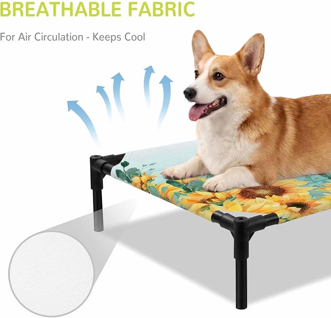 Outdoor Elevated Dog Bed for Medium Dogs, Sunflowers Breathable Cooling Raised Dog Cot for Indoor/Outdoor, Spring Botanical Flowers Birds Turquoise Wooden Waterproof Elevated Pet Beds, M 24 x 20 in