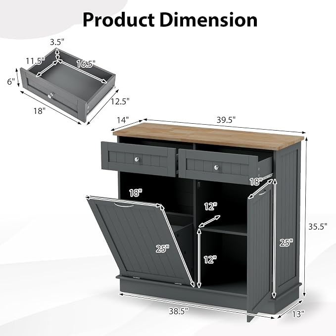 POWERSTONE Hidden Tilt Out Trash Cabinet Kitchen Island with 2 Drawers & Adjustable Shelf, Rubber Wood Countertop, Freestanding Laundry Hamper Recycle Bins, Pet Proof Garbage Can Holder Grey