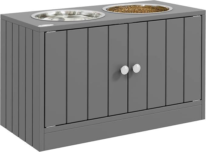 Dog Feeding Station with Storage - Large Dog Bowl Cabinet | Gray, Wood and Metal, 23.5 x 11.75 x 14 In, 44L Storage, 2 Stainless Steel Bowls