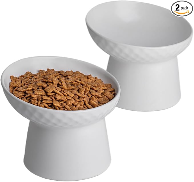 Elevated Cat Bowls, 15° Tilted Ceramic Raised Cat Food and Water Bowl Set, Whisker-Friendly Porcelain Pet Feeder Dishes for Indoor Cats and Small Dogs,White,6.2 Inch,2 Pack