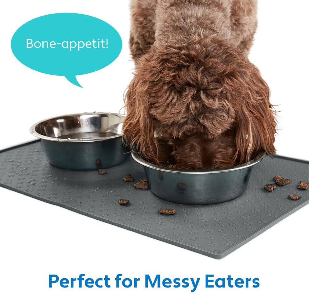 MIGHTY MONKEY 100% Waterproof Dog Food Mat, Raised Edges Silicone Pet Feeding Placemat for Cat, Dogs, Pet Bowls, High Lipped Tray Prevents Water Spills, Food on Floor, Dishwasher Safe, 22x14, Gray