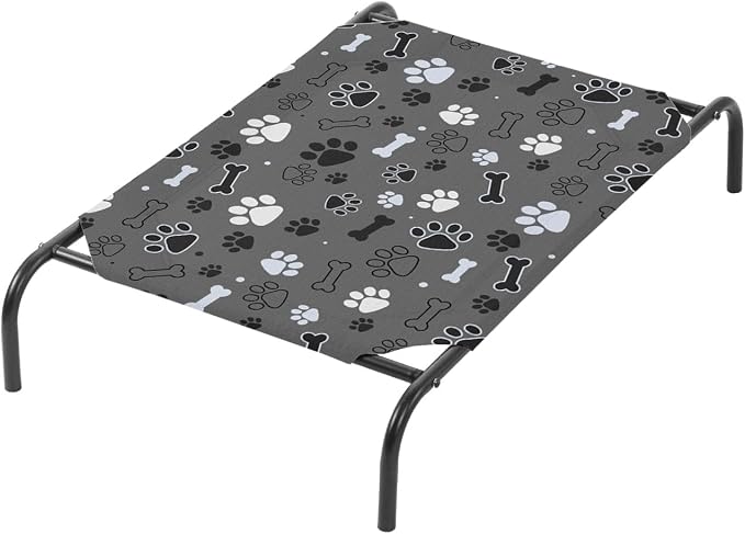 QOOMO Elevated Dog Bed with Cooling Fabric, Pet Cot for Small and Big Dogs, Indoor and Outdoor Use, Joint Relief, Cute Printed Cushion Included (Black Paw Prints, 35.43" L*25.59" W*8.27" Th)