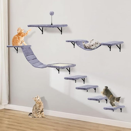Wall-Mounted Cat Climber Set,Space-Saving Cat Wall Shelves for Large Cats | Multi-Level Climbing, Wood Wall Furniture, Perches, Bridge, Hammock, Scratcher, Indoor 40 lbs Small Place Corner Room Play