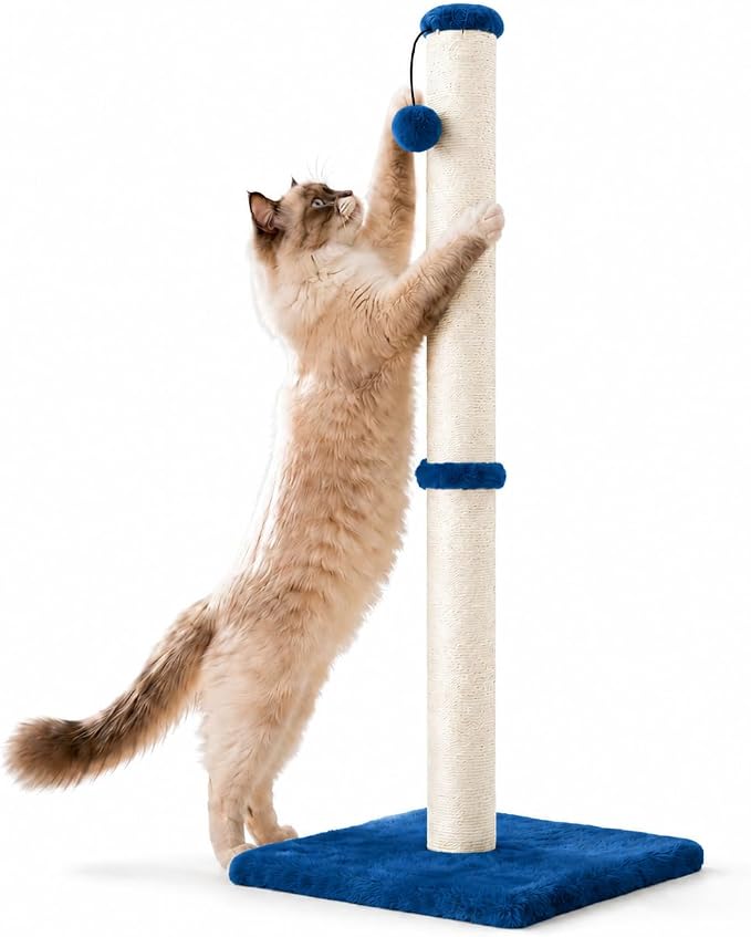 Dimaka 34" Height Tall Cat Scratching Post, Claw Scratcher with Sisal Rope and Covered with Soft Smooth Plush, Vertical Scratch [Full Strectch] Cats (Blue, 34 inches for Large Cats)