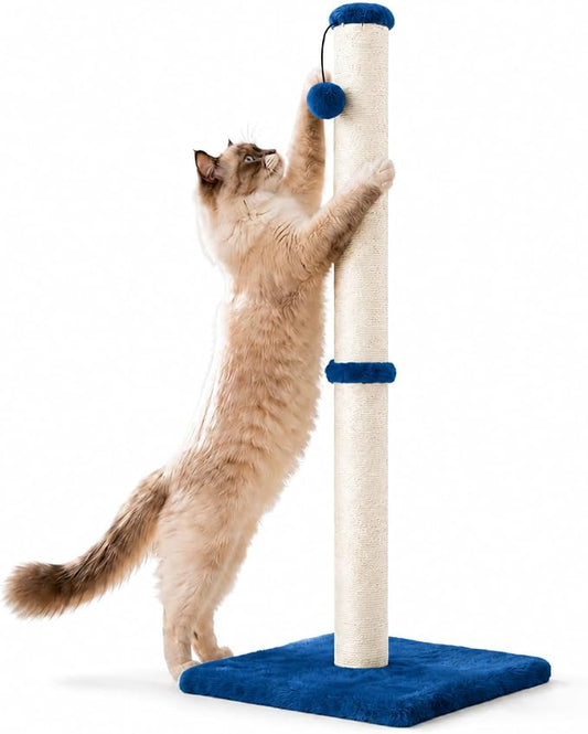 Dimaka 34" Height Tall Cat Scratching Post, Claw Scratcher with Sisal Rope and Covered with Soft Smooth Plush, Vertical Scratch [Full Strectch] Cats (Blue, 34 inches for Large Cats)