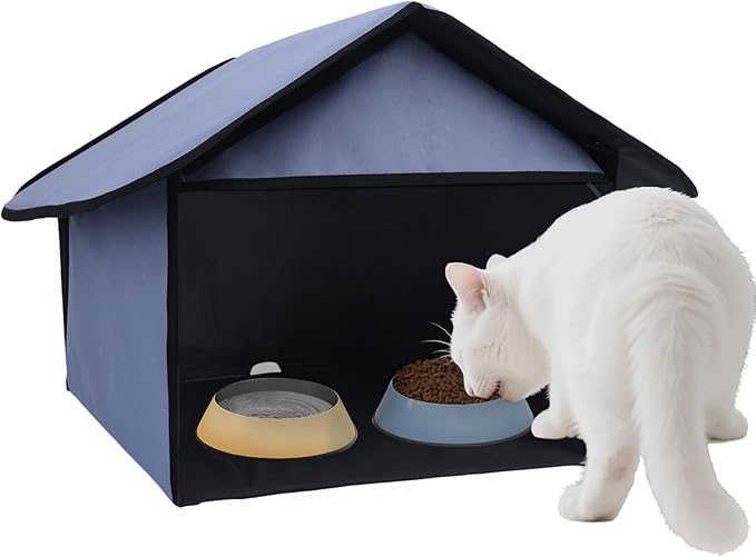 Outdoor Cat Feeding Station for Food and Wate Waterproof Blue 17in | Stray Cat Shelter Cat Shelter Outdoor for Cats Birds Rabbits and Small Dog The Detachable Roof Design