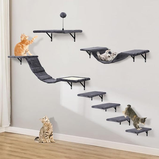 Wall-Mounted Cat Climber Set with Climbing Shelves, Perches, Bridge,Hammock,Scratching Board & Ball - 7 Pcs Wood Indoor Cat Furniture for Kittens Play (Dark Grey) | Multi-Level Climbing, Wood Wall Furniture, Perches, Bridge, Hammock, Scratcher, Indoor ...