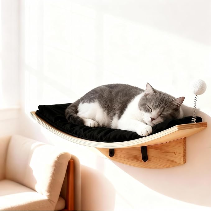 Wooden Cat Wall Shelves and Perches, 5 Piece Wall Mounted Cat Furniture System with Soft Washable Pads, Modern & Space-Saving Design for Climbing and Play