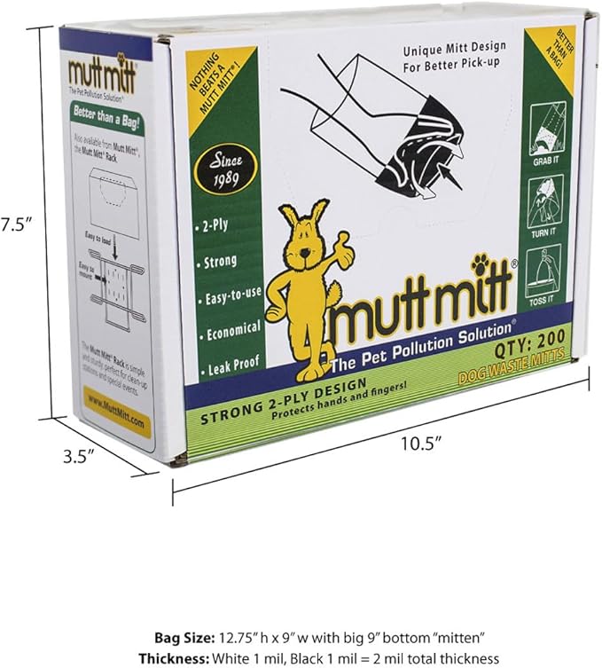 Mutt Mitt® 2-Ply dog waste pick-up bags Dispense-A-Mitt™ - 200 Dog Waste Bags in a wall mountable box. (Pack of 2)