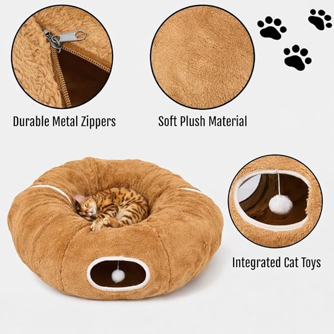 R1M Cat Tunnel Bed for Indoor Cats, Cute Cat Donut Tunnel Toys for Small, Larger Cats with Two Fish Cat Toys, Round Pet Peekaboo Cave Toy for Kitten, Brown (Brown)
